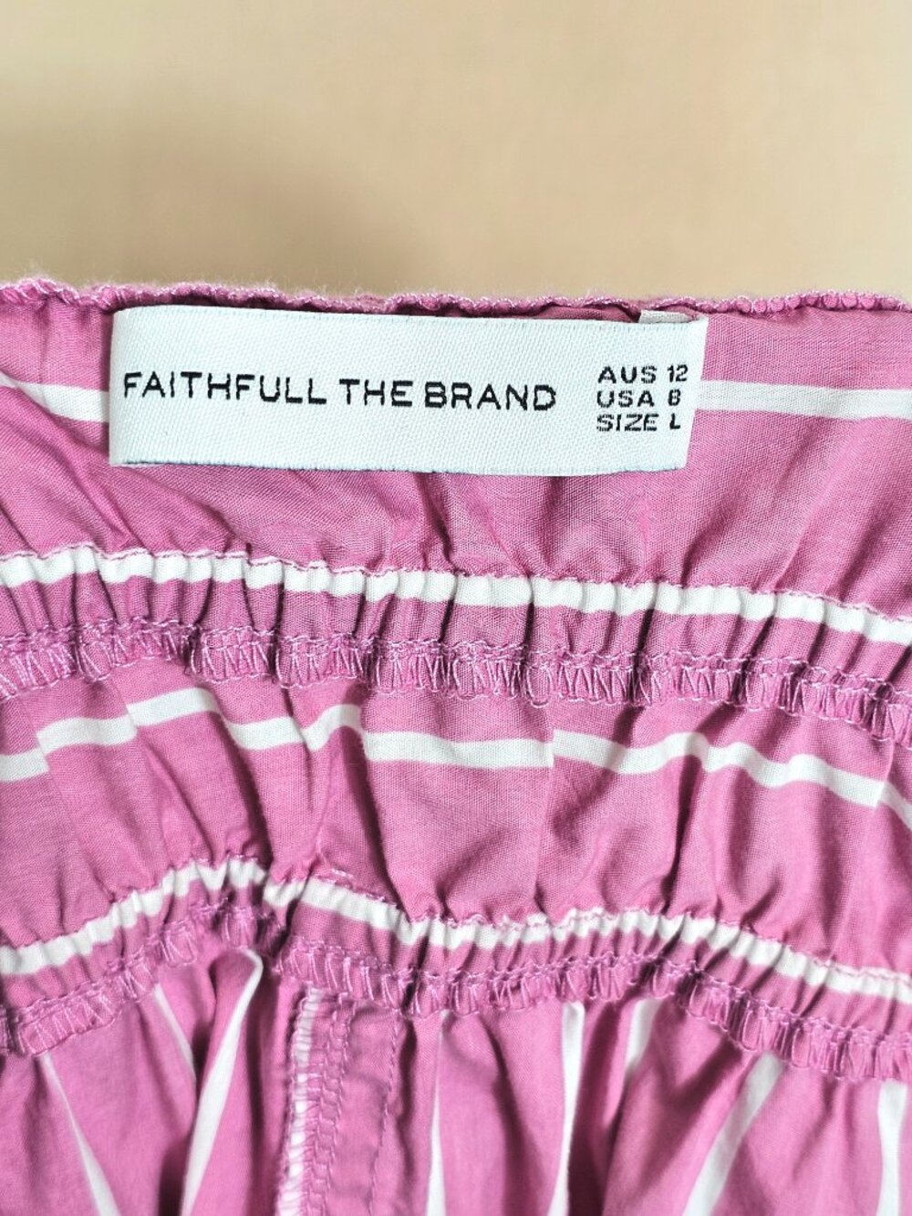 Faithfull The Brand Pink Stripe Smocked Waist Midi Dress Size L Open Back Tie - Picture 12 of 12